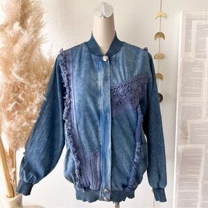 VINTAGE Marsha Sport Chambray Crochet Zip Up Bomber Jacket